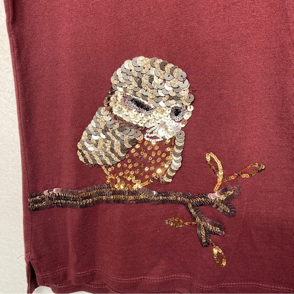 Talbots 3/4 Sleeve Blouse Owl Bird Sequin Embellished MP Red Maroon - Picture 4 of 7
